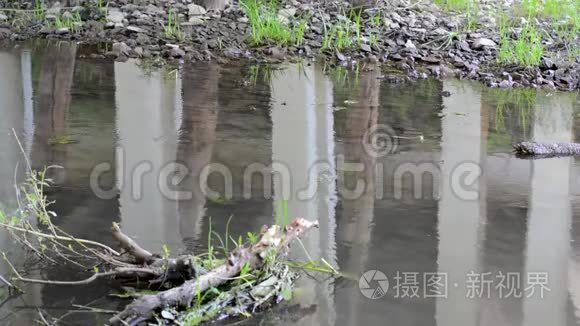 钢筋混凝土柱子倒映在水中视频