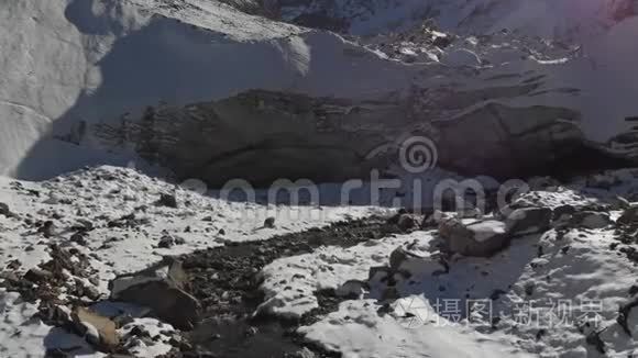 冰川中山河诞生的鸟瞰图.. 江流出冰窟.. 冬季观景山