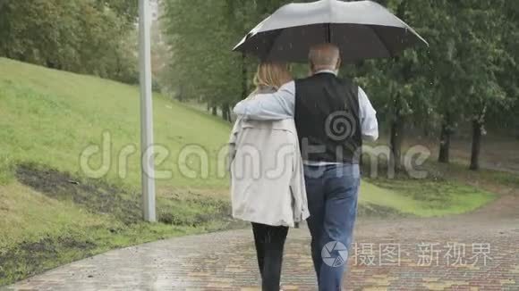 恋爱中的人们在公园的伞下行走视频