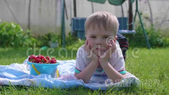 一个小男孩在炎热的夏天躺在草坪上。 这个孩子很有趣，很活跃地度过了他们的闲暇时间。 快乐