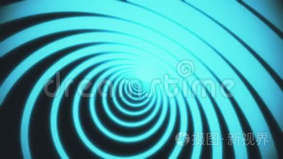 摘要背景与霓虹灯圆隧道。 彩色蓝色霓虹灯组成的圆形隧道三维渲染动画