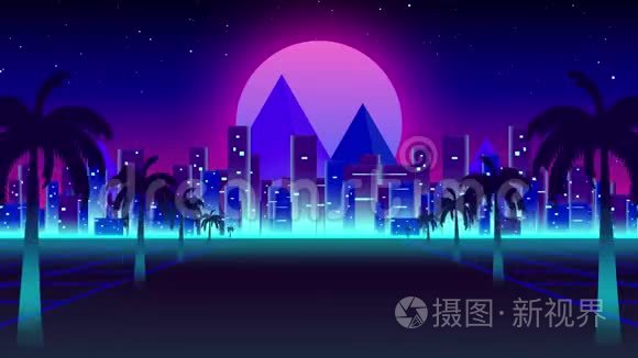 夜晚蓝粉色天空的道路动画