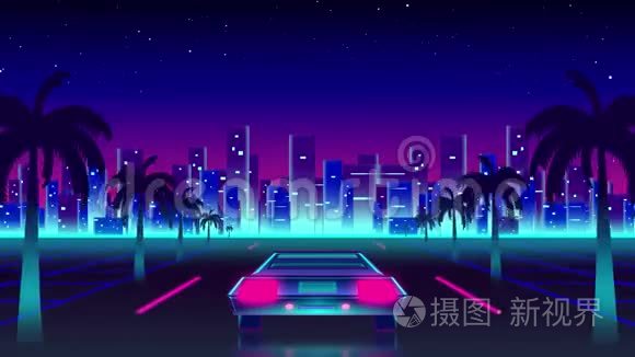 夜晚蓝粉色天空的道路动画