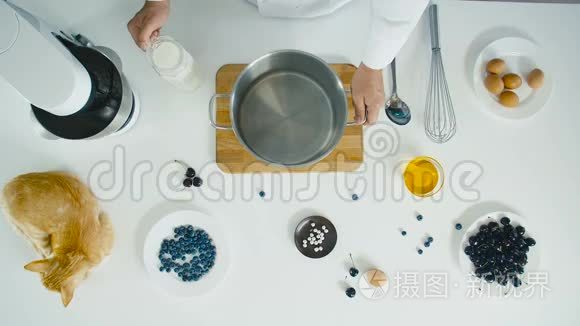 厨师把牛奶倒进桌子上的碗里，放着水果和猫