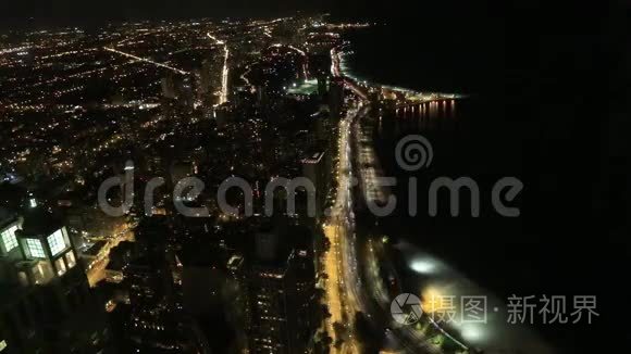 芝加哥湖滨地区夜间空中飞行视频