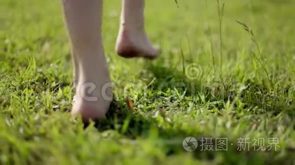 快乐的女孩赤脚跑在绿草上视频