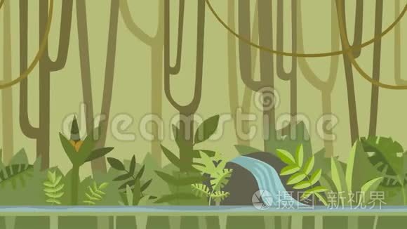 动画背景。 绿色丛林森林与河流。 平动画，视差.. 录像。