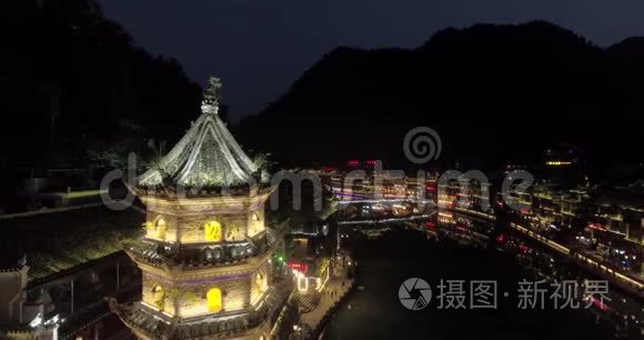中国凤凰古镇夜航拍摄视频