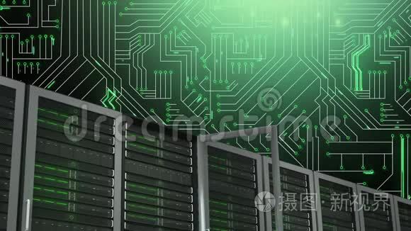 主机电脑和发光的绿色电路板视频