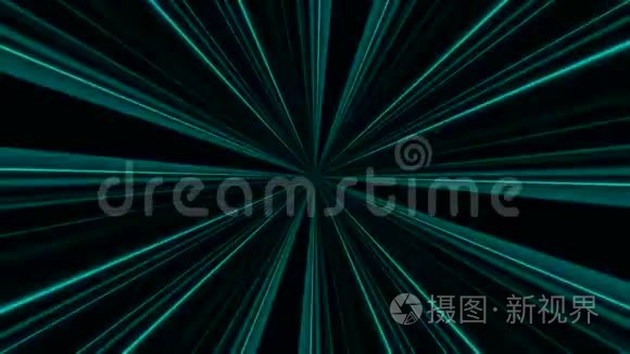 移动绿松石、白色和紫色霓虹灯等射线的抽象动画。 霓虹灯。