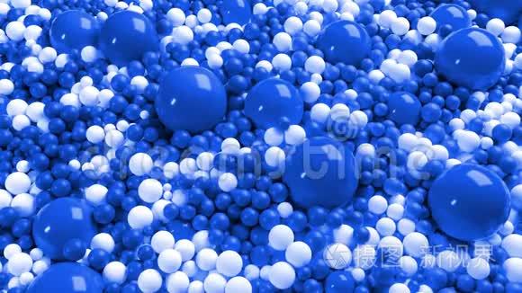 三维简单抽象几何背景与蓝色和白色球覆盖表面，混合顺利。 4k无缝环