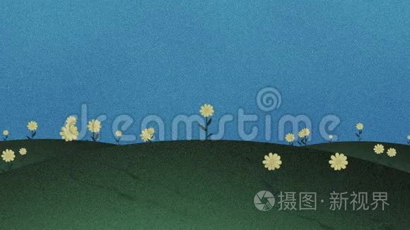 剪草山和花卉复古漫画背景视频