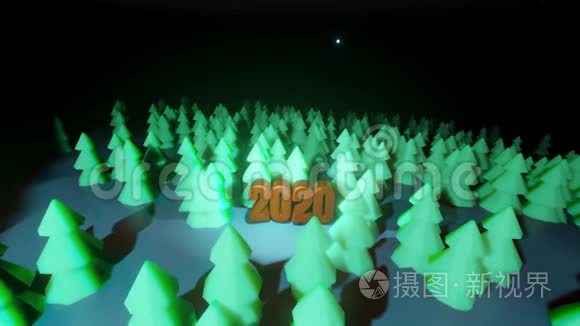 美丽的圣诞背景，新年与黄金文本2020。 3D渲染背景夜针叶林