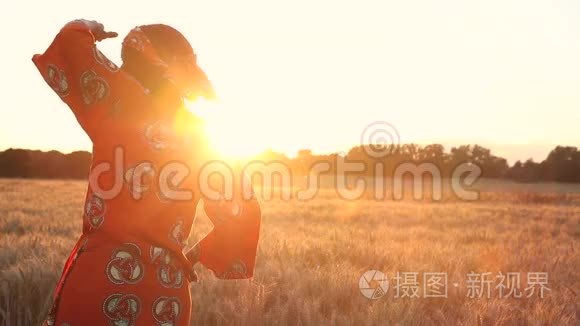 在日落或日出时穿着传统服装站在庄稼地里的非洲妇女