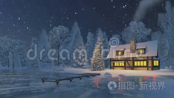 雪夜的乡村别墅和圣诞树视频