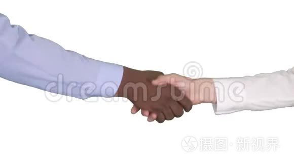 美国黑人和白种人女性在白色背景上握手。