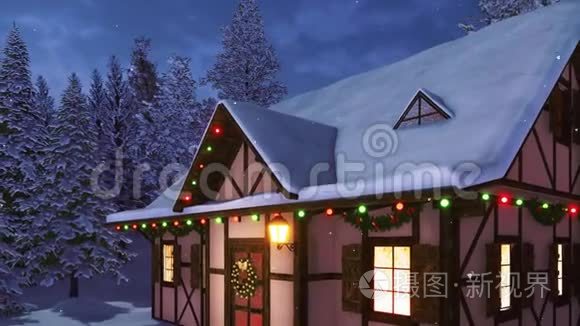 雪夜有圣诞装饰的房子视频