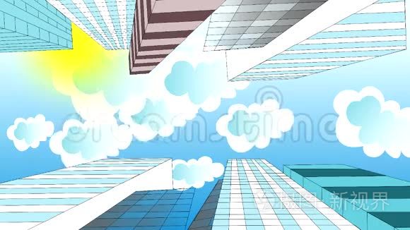 天空中的云彩飞过摩天大楼，动画，