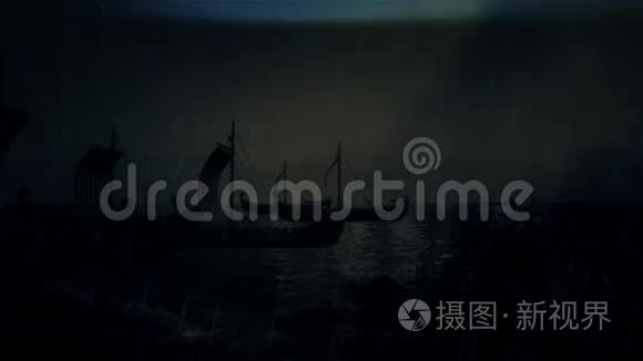 海盗船在风暴下驶向海岸视频