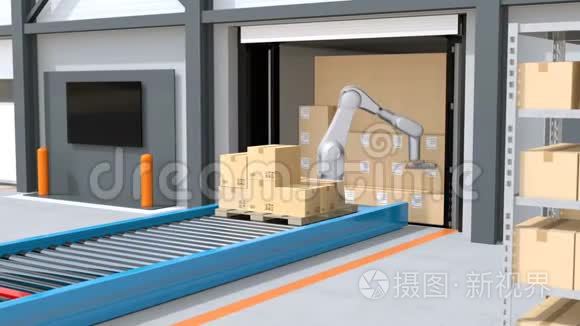 工业机器人从半卡车上卸下包裹视频