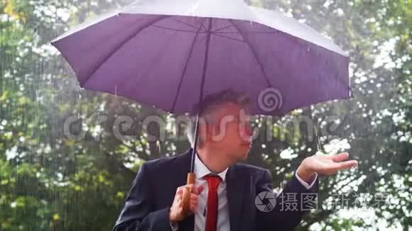 白人商人躲在雨中的伞下视频