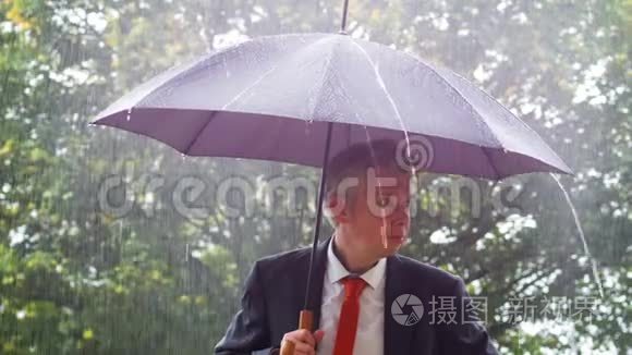 白人商人躲在雨中的伞下视频