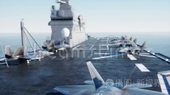 喷气f22,海上航空母舰上的战斗机 战争和武器概念 现实的4k动画.