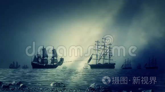 两艘帆船相互射击的海上海战视频