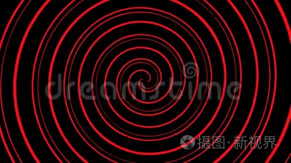 在旋转的无缝重复循环中，红色和黑色墨水旋转和螺旋的可怕螺旋