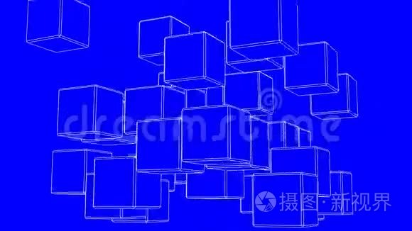 蓝底白线框立方体抽象视频