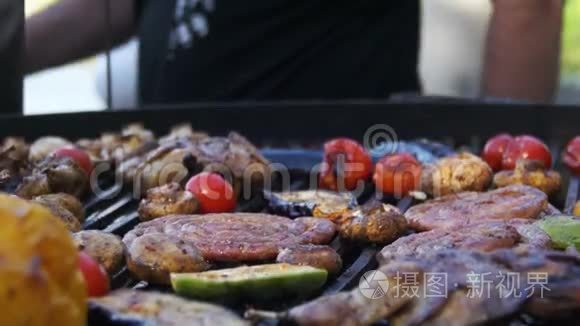 烧烤炉上烹饪美味的烧烤和蔬菜视频