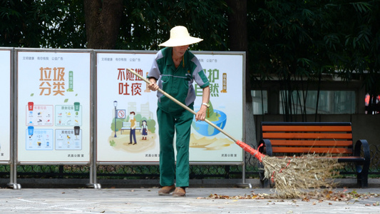 4K环卫工人工作清洁工人清扫落叶叶落知秋视频