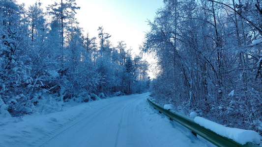 大兴安岭冬季雪景森林道路冰雪道路行车安全视频