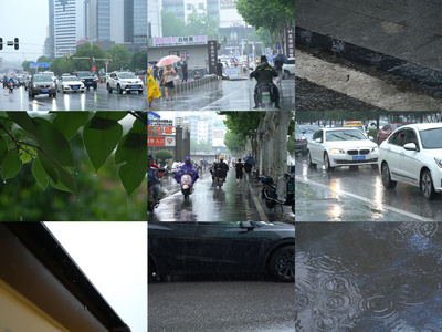 下雨的城市街道马路车流人群合集视频