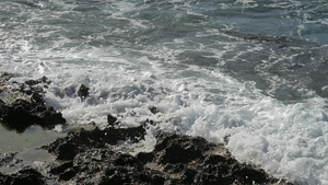 岩石海岸上的绿海藻在大海的暴风水中流淌着松软的碎水31秒视频