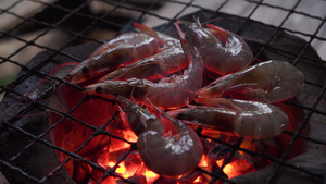 虾在传统的炉子上烤味道鲜美的泰式海鲜菜9秒视频