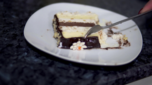 吃新鲜巧克力香草蛋糕有选择性的焦点特配视频