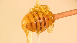 密闭的蜂蜜从米边的木尖上流出51秒视频