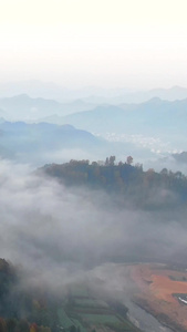 航拍安徽歙县石潭山峦晨雾自然风光视频大自然视频