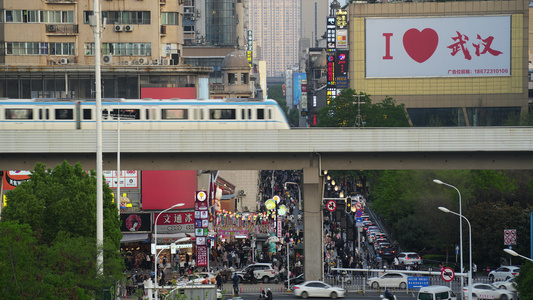 延时摄影武汉城市地标步行街街景交通车流4k素材视频