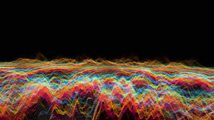 未来派抽象绿色红光黄色和深蓝色飞平移波形声音音频音乐21秒视频