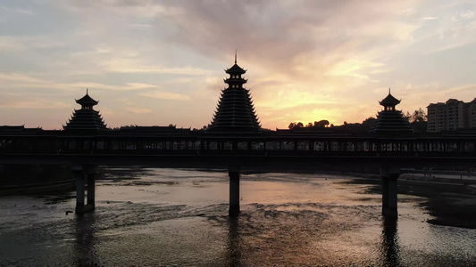 侗族风雨桥日落晚霞夕阳航拍 视频