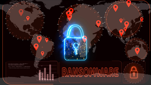 黑客加密红色数字科技大数据锁被世界地图上的雷达探测视频