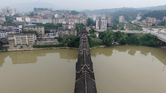 湖南少数民族特色建筑风雨桥古楼航拍 视频