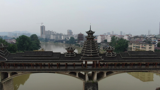 湖南少数民族特色建筑风雨桥古楼航拍 视频