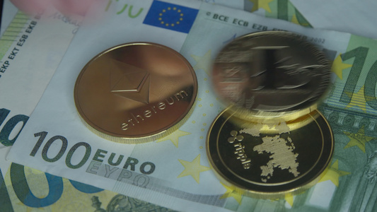 欧元钞票上的地下货币硬币新的虚拟货币的商业概念是视频