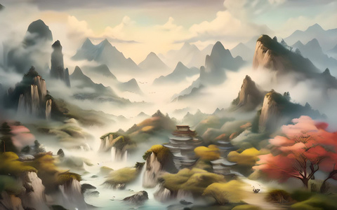 山水风景彩色水墨画数字艺术视频
