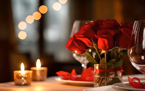晚餐蜡烛红色浪漫玫瑰花视频