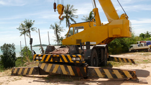 在热带森林中工作的建筑机械黄色起重机在热带地区砍伐14秒视频
