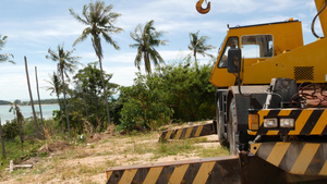 在热带森林中工作的建筑机械黄色起重机在热带地区砍伐15秒视频